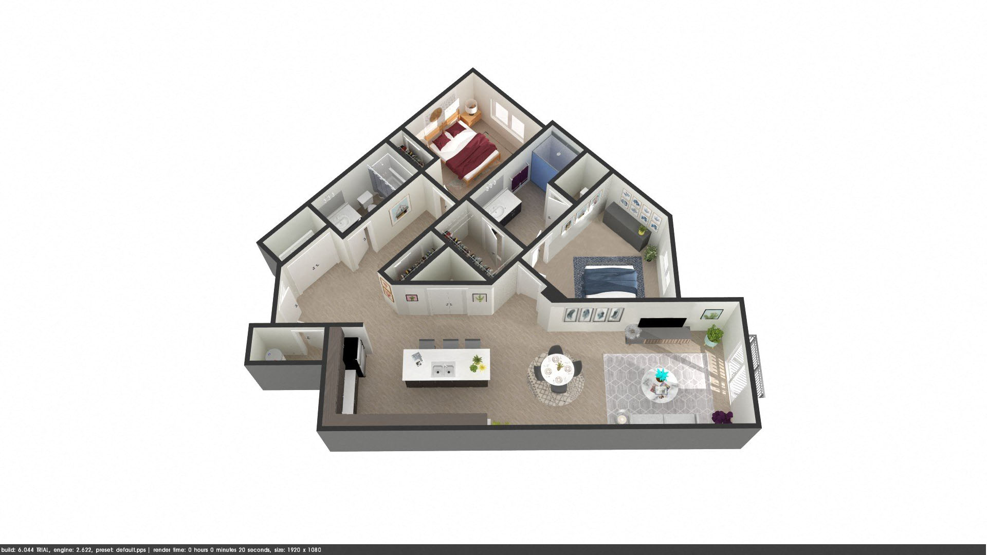 Floor plan for 2 beds, 2 baths, 1281 sqft